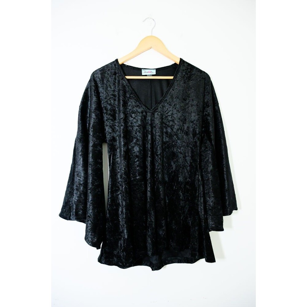 Rodeo Fox Blouse S/M Black Velvet Velour Vintage Bell Sleeve Witchy Goth Tunic